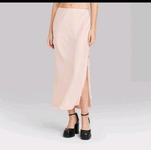 Wild Fable Women's Light Pink Satin Lace Trim Midi Skirt Berry Size M Waist 16